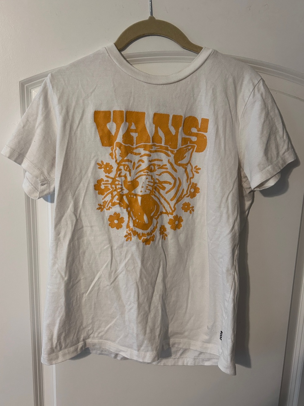 Vans White Tee with Orange Floral Tiger Tee Size Small